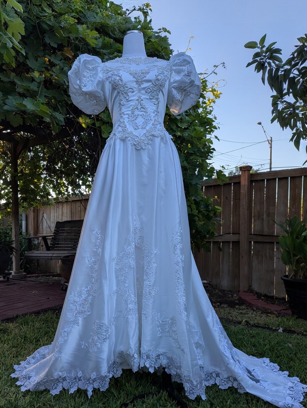 San Martin International White Lace Bridal Ballgown Dress with Puff Sleeves #10